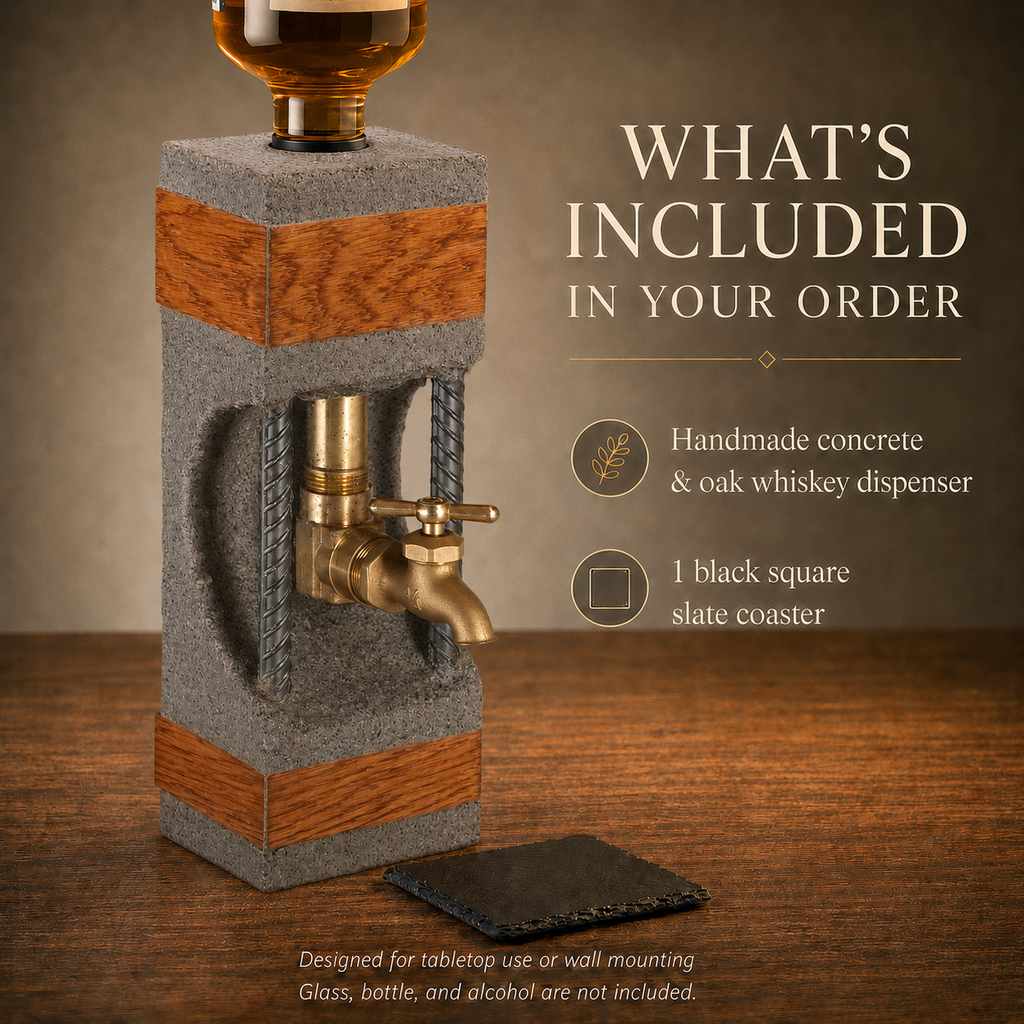 Concrete and oak whiskey dispenser set showing included dispenser and slate coaster