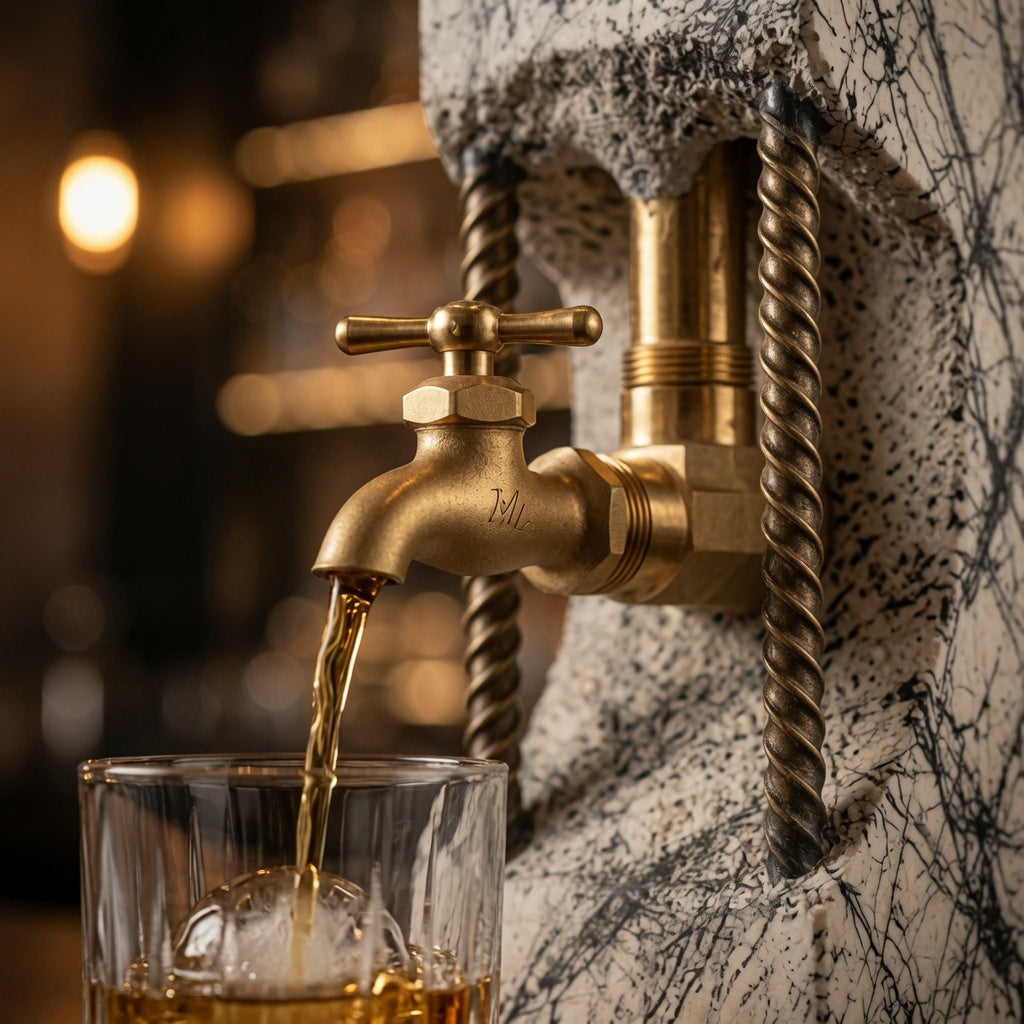 Close-up of concrete whiskey dispenser with brass tap pouring whiskey into a glass with ice.