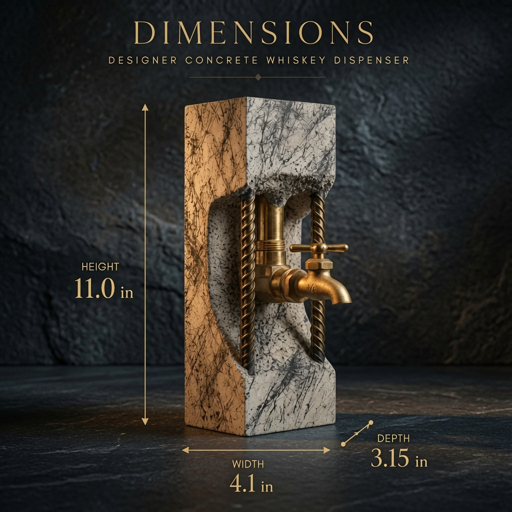 Dimensions infographic for concrete whiskey dispenser showing height, width, and depth.
