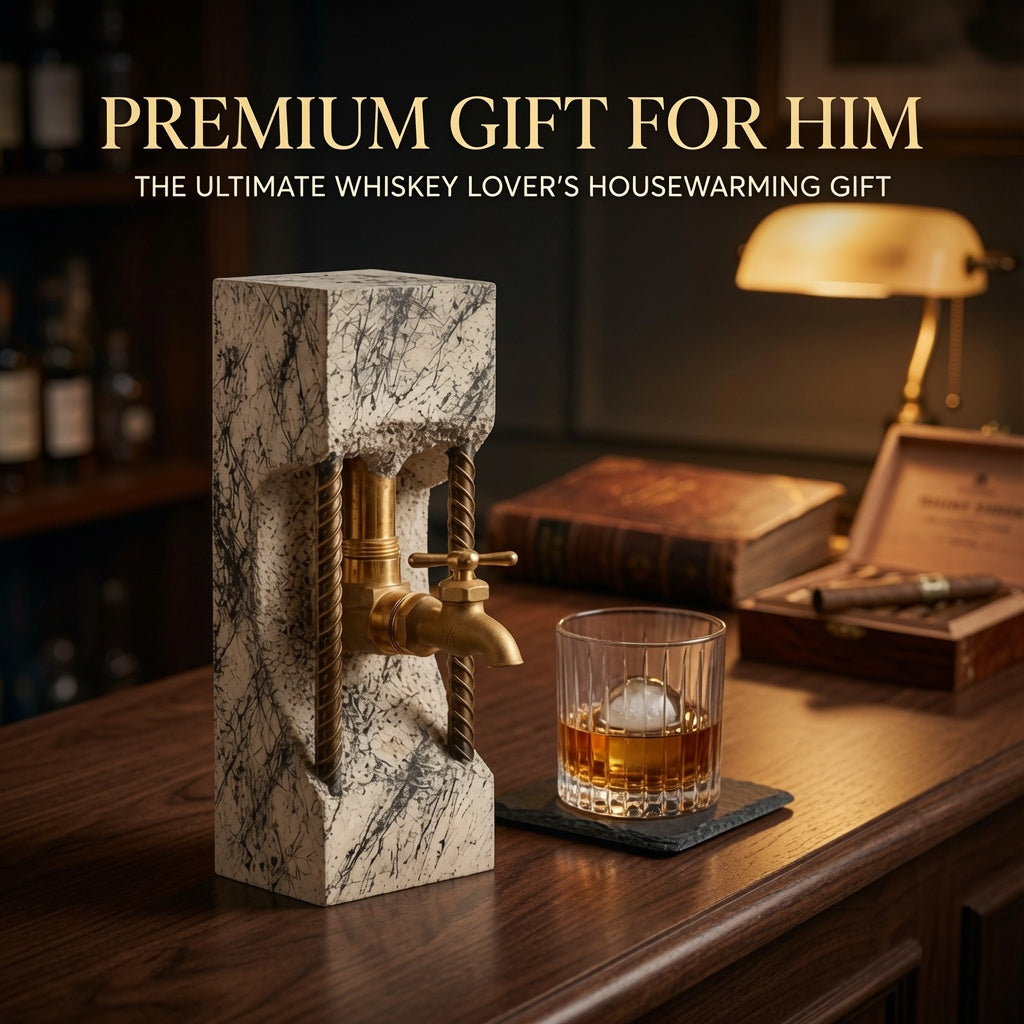 Concrete whiskey dispenser styled as a premium gift for him with industrial home bar decor.