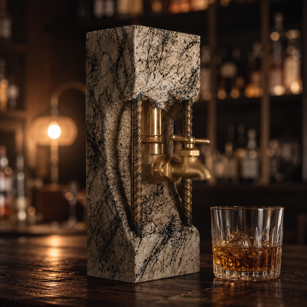 Handmade concrete whiskey dispenser with brass tap displayed in a dark loft-style home bar.