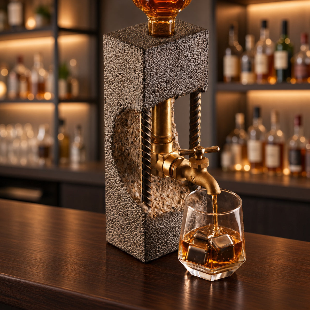 Textured concrete whiskey dispenser pouring whiskey into a glass in a warm home bar setting