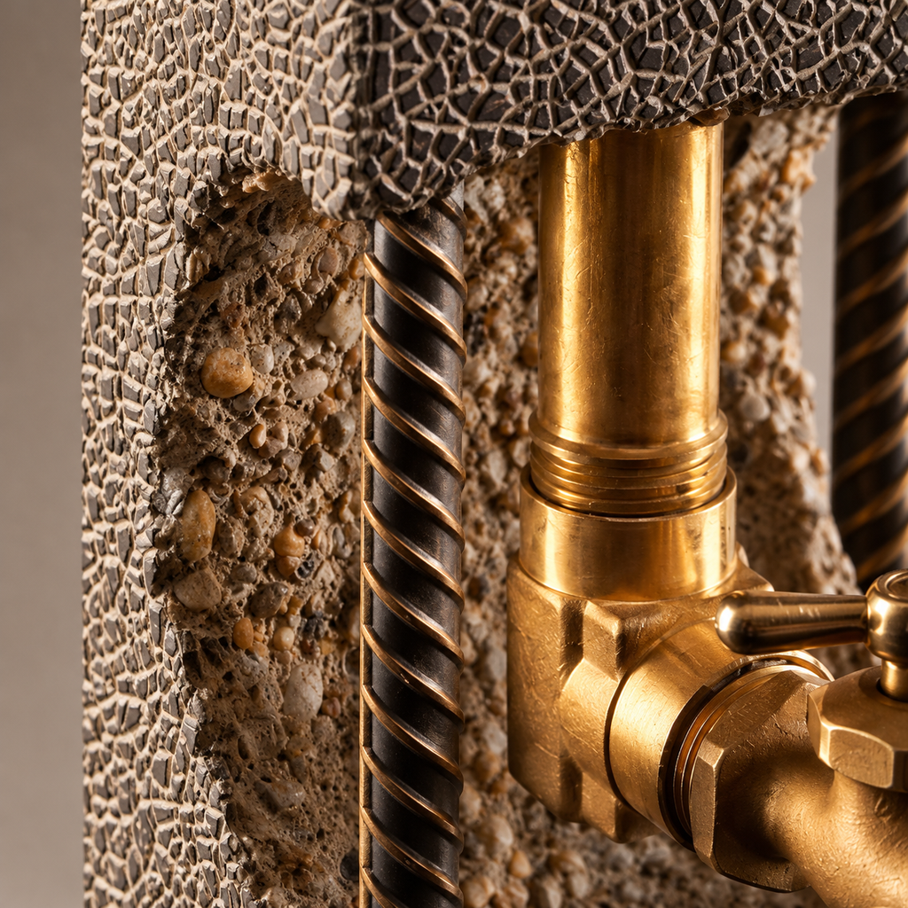 Close-up of textured concrete whiskey dispenser with exposed steel reinforcement and metal fittings