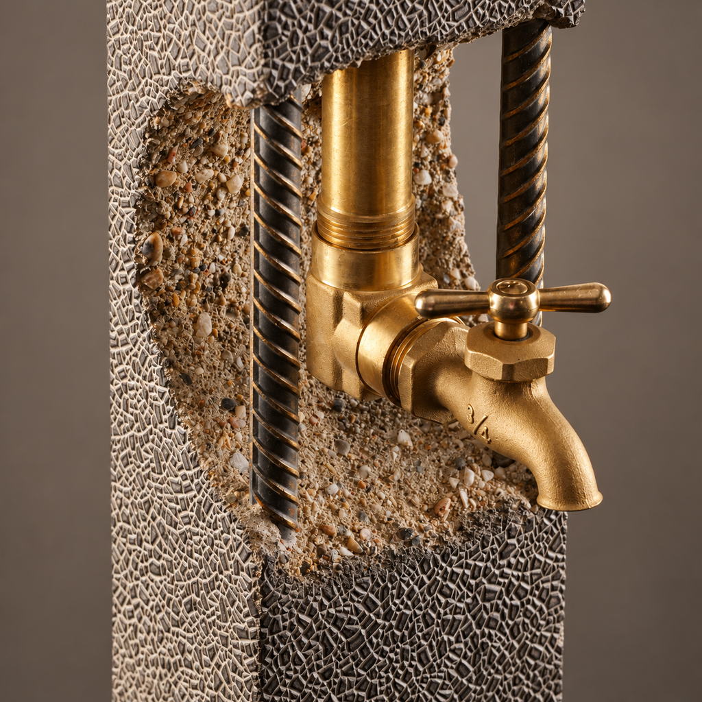 Close-up of metal tap and textured concrete body on handmade whiskey dispenser