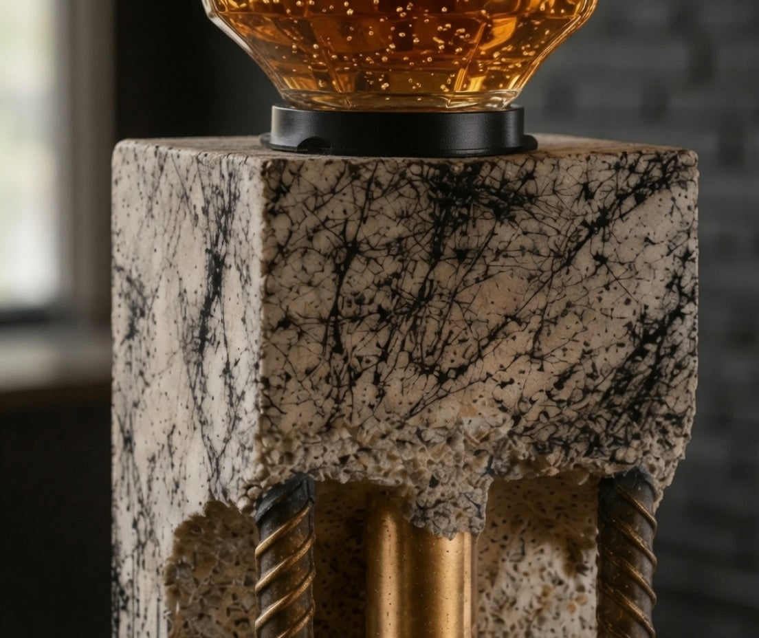 Close-up detail of handmade concrete whiskey dispenser with black web-style finish and bottle opening.