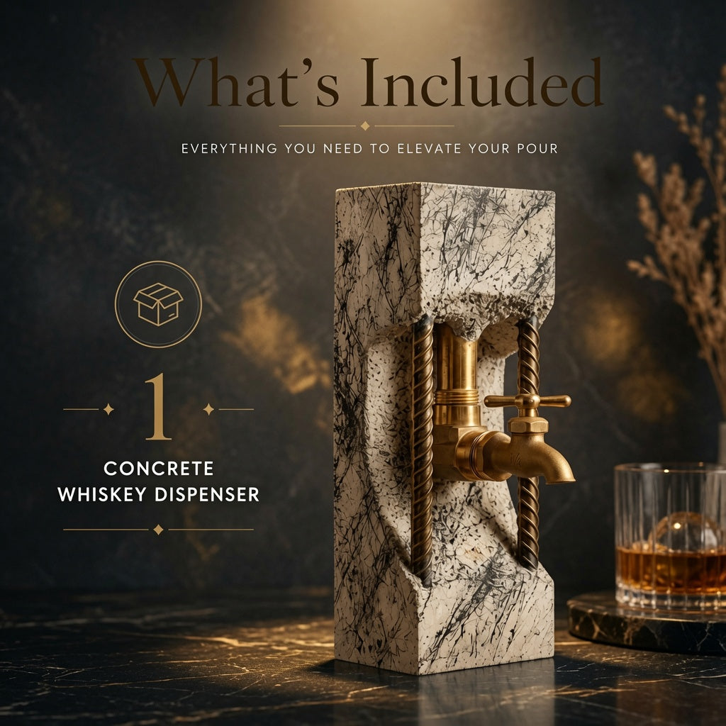 What’s included with handmade concrete whiskey dispenser featuring brass tap and industrial metal accents.