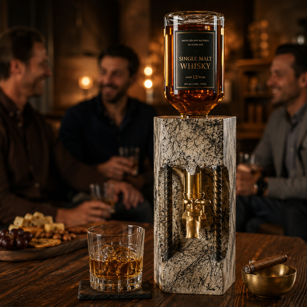 Concrete whiskey dispenser styled for whiskey night, home bar entertaining, and gift for whiskey lovers.