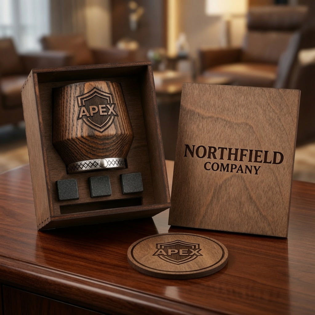 Custom corporate whiskey gift set with company logo engraved on oak tumbler and wooden box