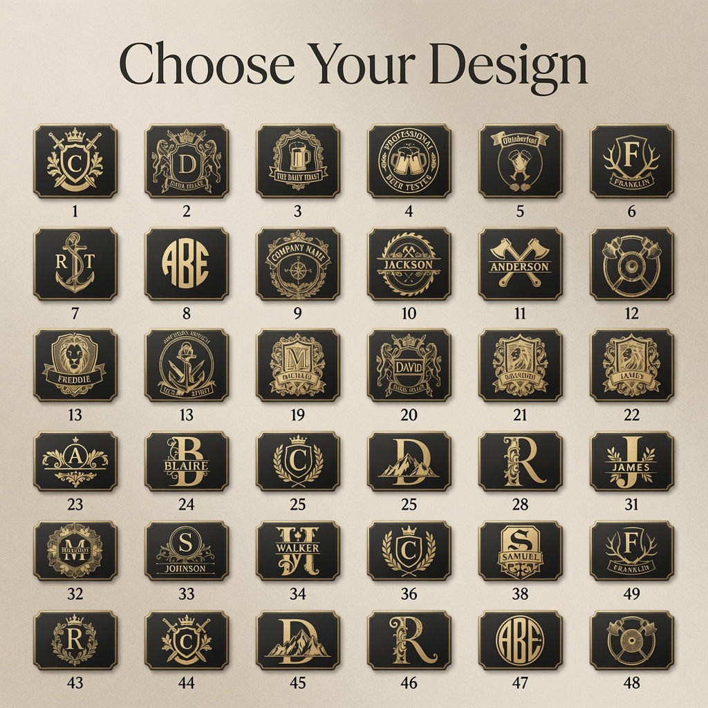 Design options for personalized black and gold engraved bar plaque for concrete whiskey dispenser