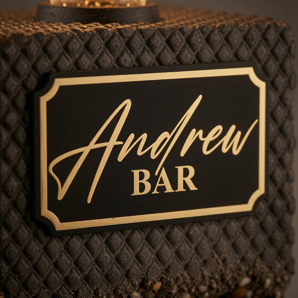 Close-up of custom black gold bar name plaque on personalized concrete whiskey dispenser