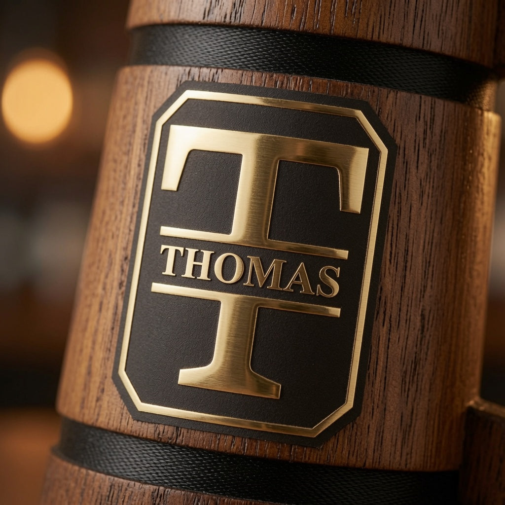 Close-up of a custom black and gold Thomas name plaque mounted on a handcrafted oak beer mug.