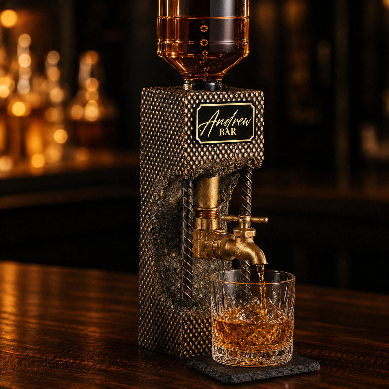 Custom concrete whiskey dispenser with engraved Andrew Bar plaque on a warm home bar background