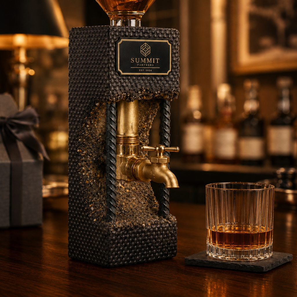 Personalized concrete whiskey dispenser displayed in a warm home bar setting as a custom gift for whiskey lovers
