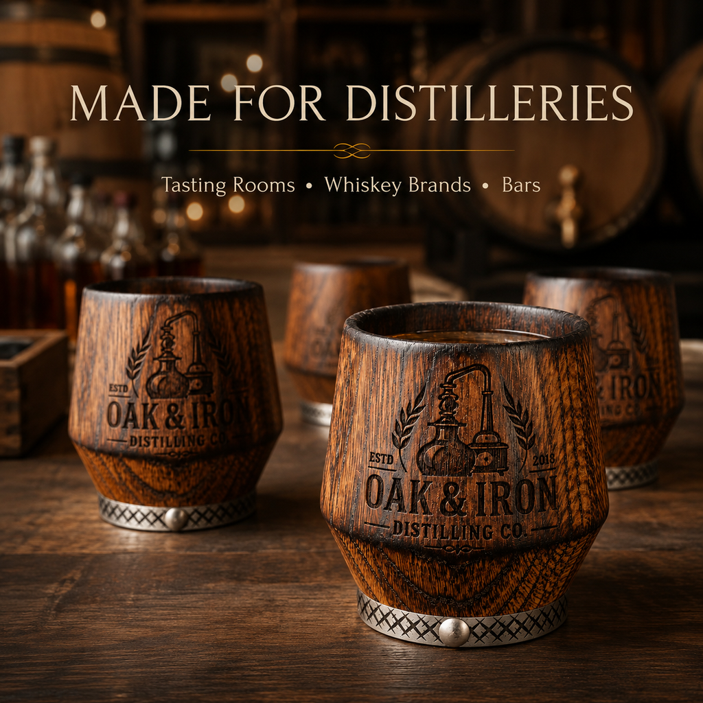 Custom logo oak whiskey tumblers for distilleries, tasting rooms, bars and whiskey brands