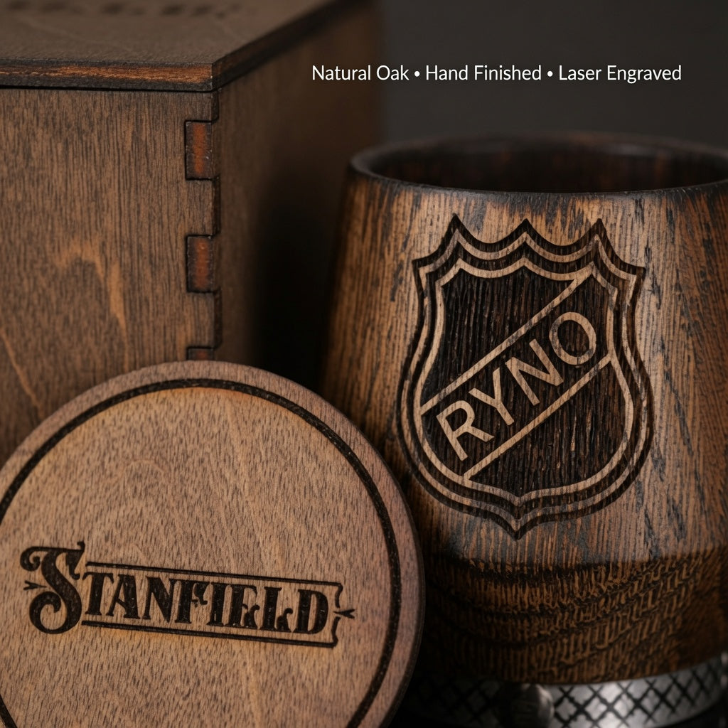 Close-up of custom laser engraving on an oak whiskey tumbler, wooden box and round coaster
