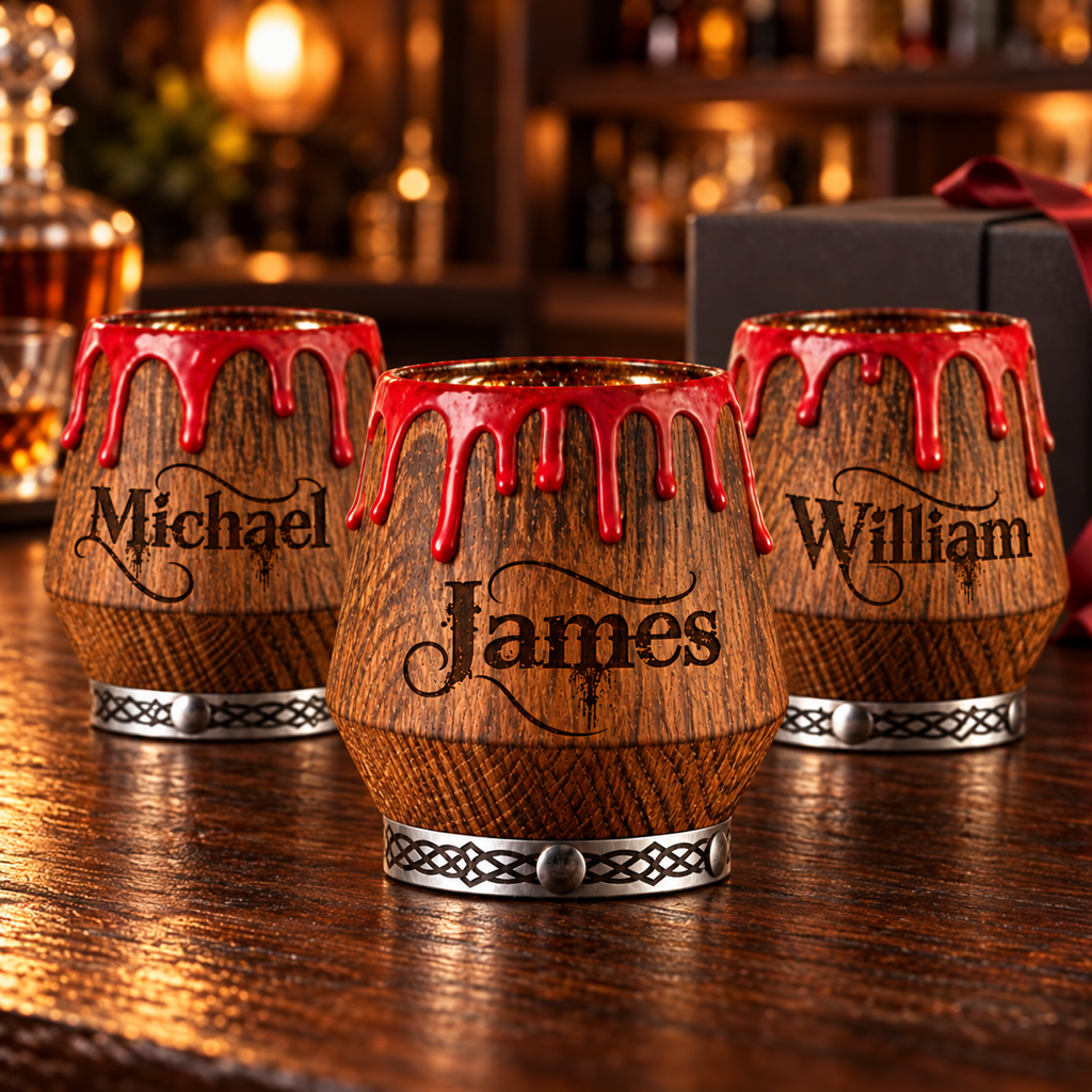 Three personalized oak whiskey glasses with different custom name engravings and red drip details