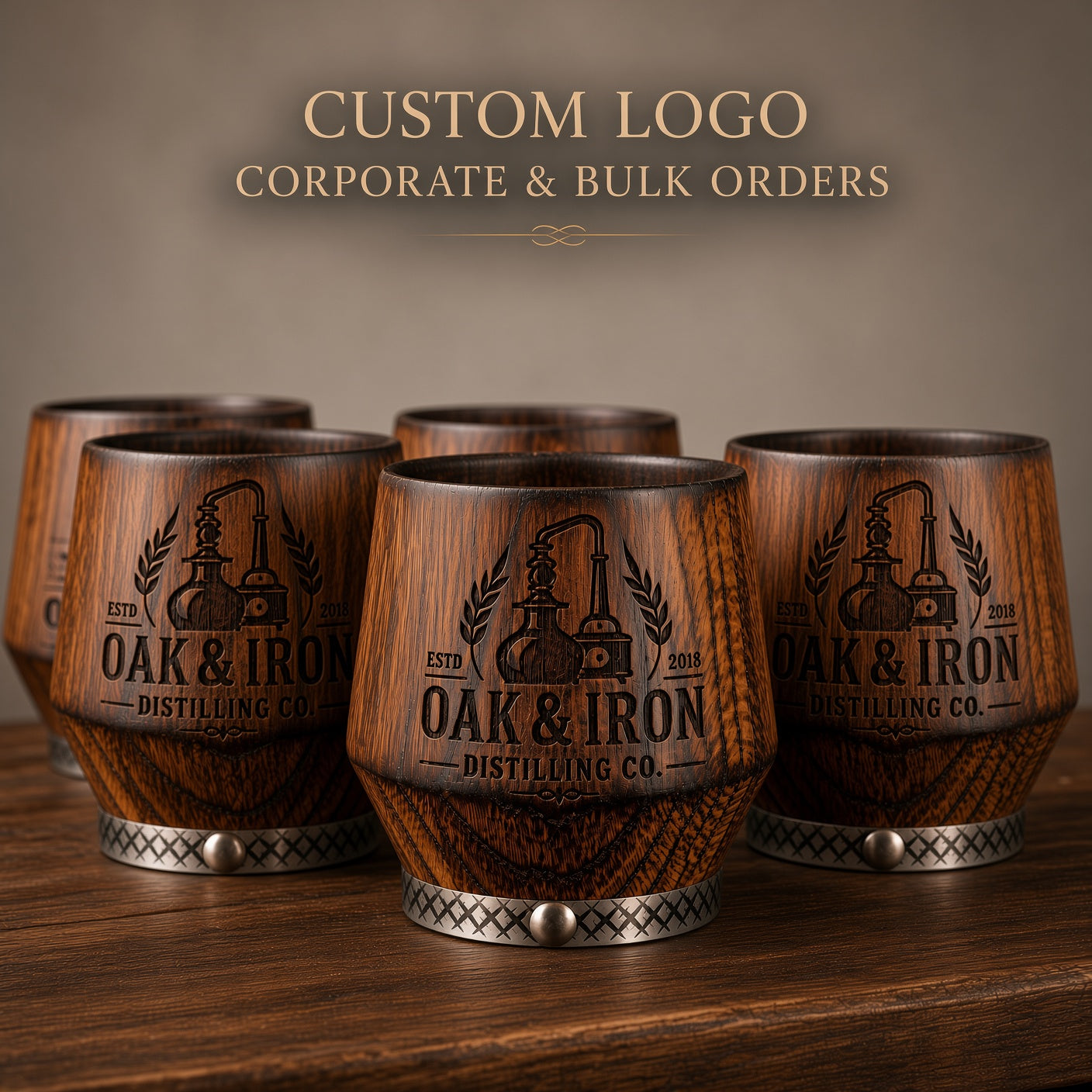Custom logo charred oak whiskey tumblers for corporate gifts, distilleries and bulk orders