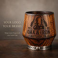 Custom logo whiskey tumbler handcrafted from charred oak for businesses and corporate gifts