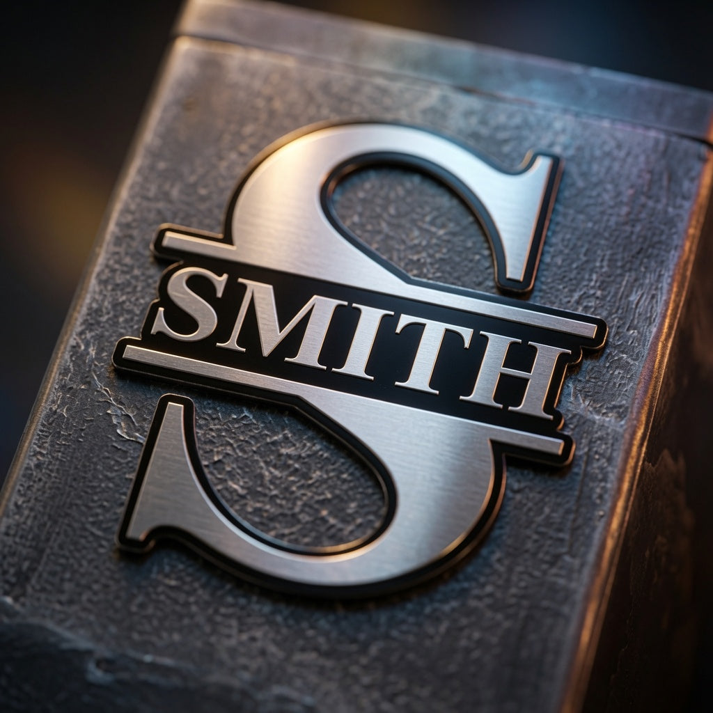 Close-up of custom SMITH monogram on personalized silver slate whiskey dispenser.