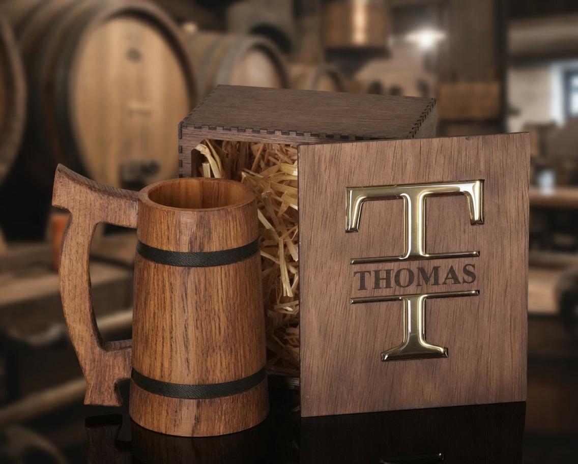 Custom oak beer stein and personalized wooden box displayed in a warm home bar setting.