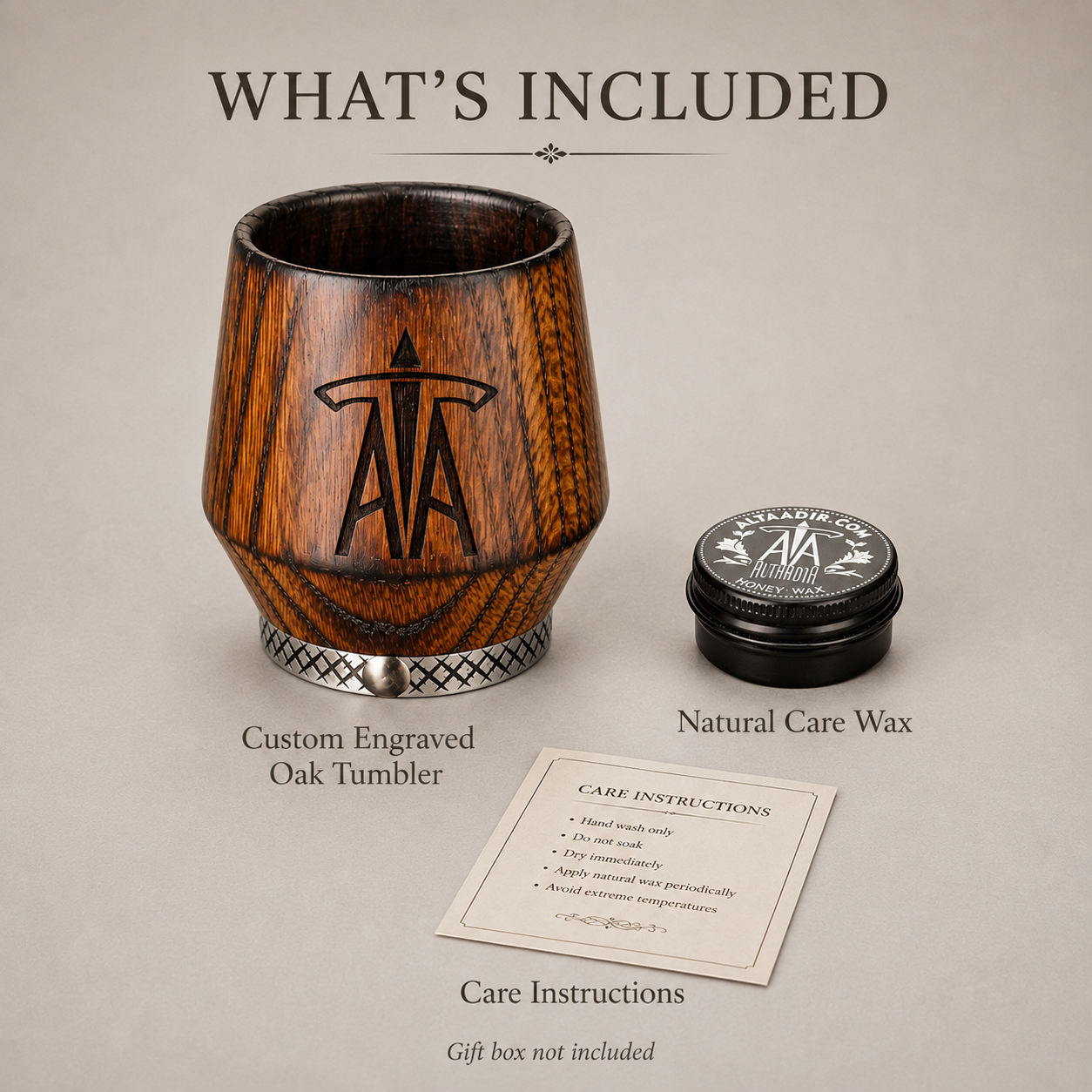 Custom engraved oak whiskey tumbler with natural care wax and care instructions included