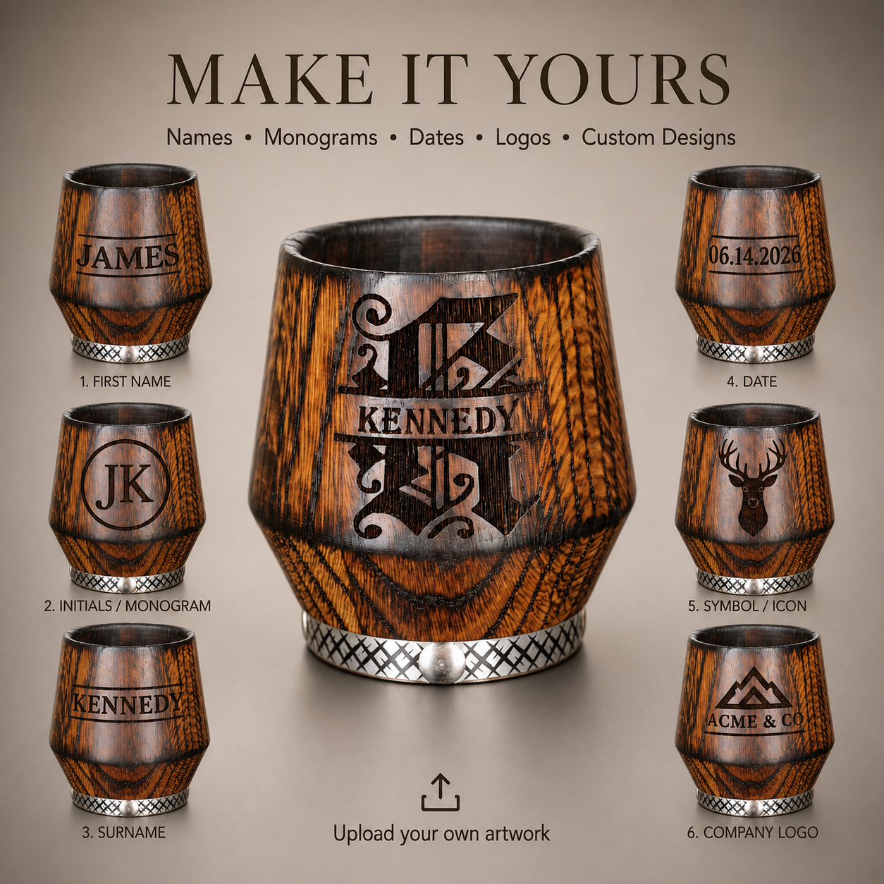 Custom whiskey glass personalization options including names, monograms, dates and logos