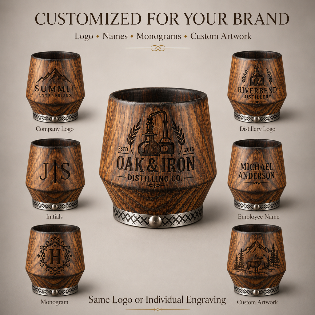 Custom whiskey tumbler branding options with company logos, names, monograms and artwork