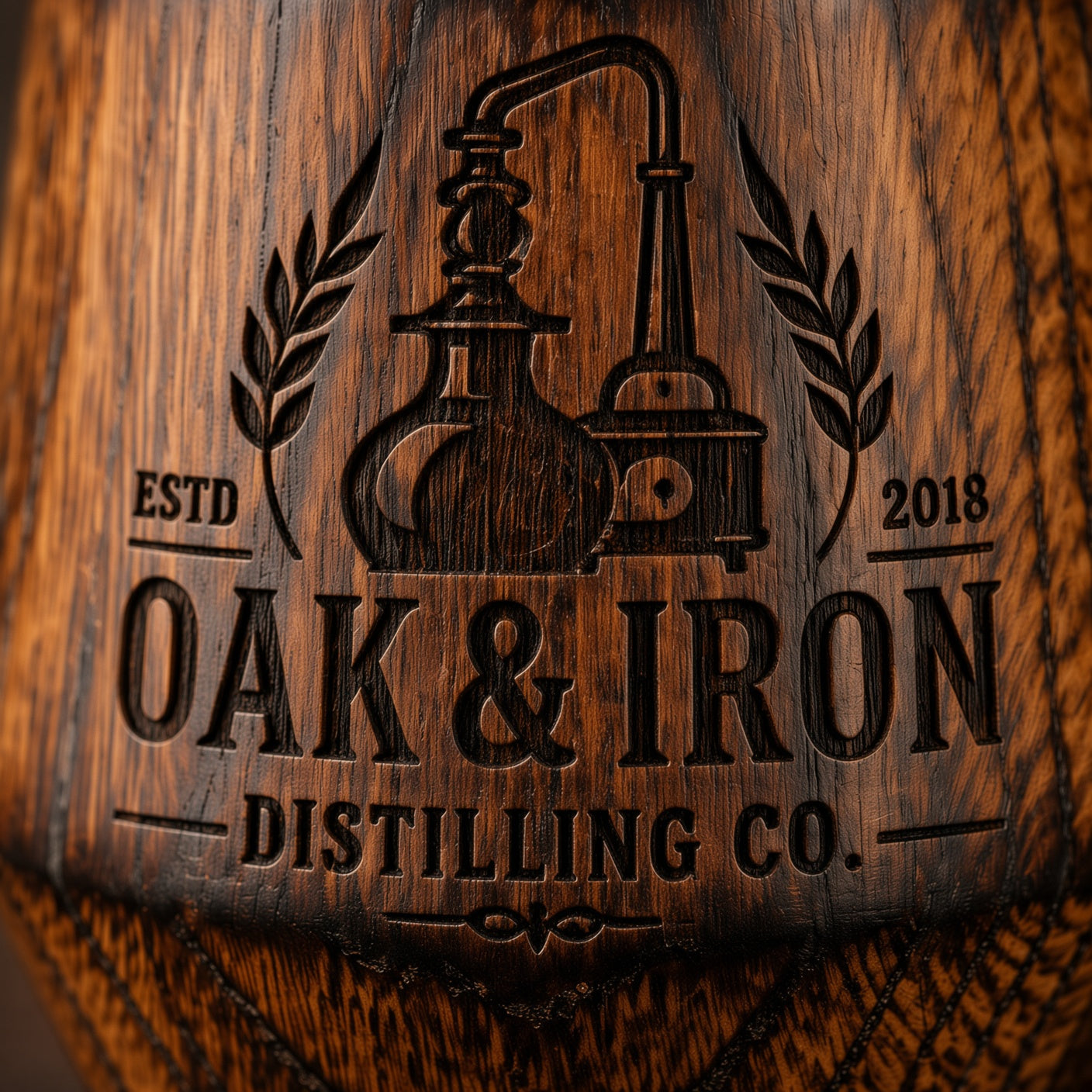 Close-up of deep laser engraved business logo on solid oak whiskey tumbler