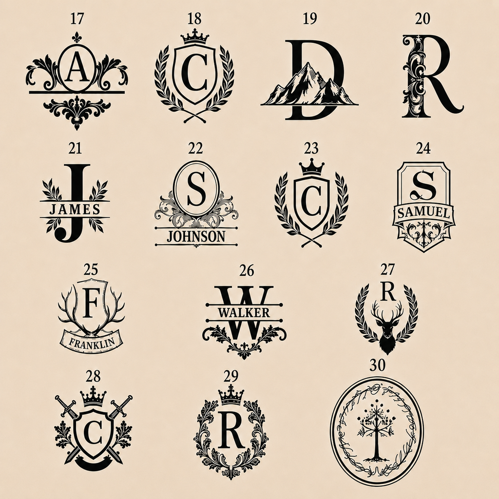 Collection of numbered monogram and engraving designs for a personalized whiskey gift set