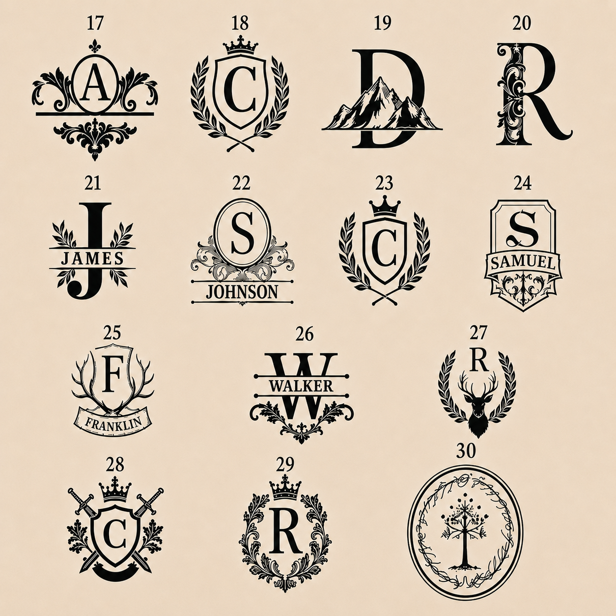 Collection of numbered monogram and engraving designs for a personalized whiskey gift set