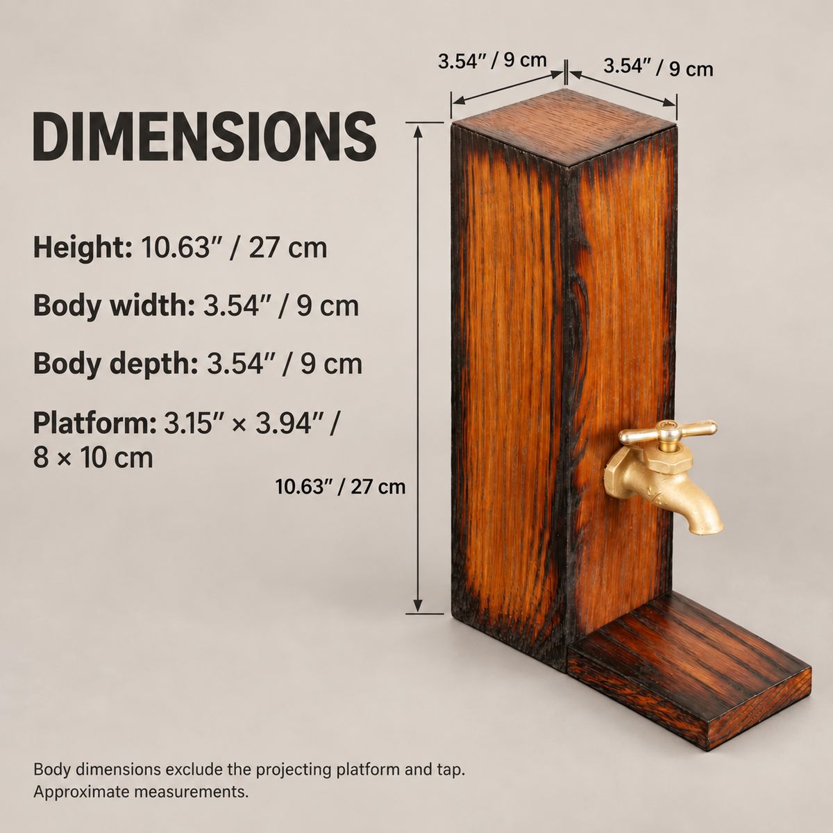 Oak whiskey dispenser dimensions: 27 cm high, body 9 cm wide and 9 cm deep, with an 8 by 10 cm wooden platform.