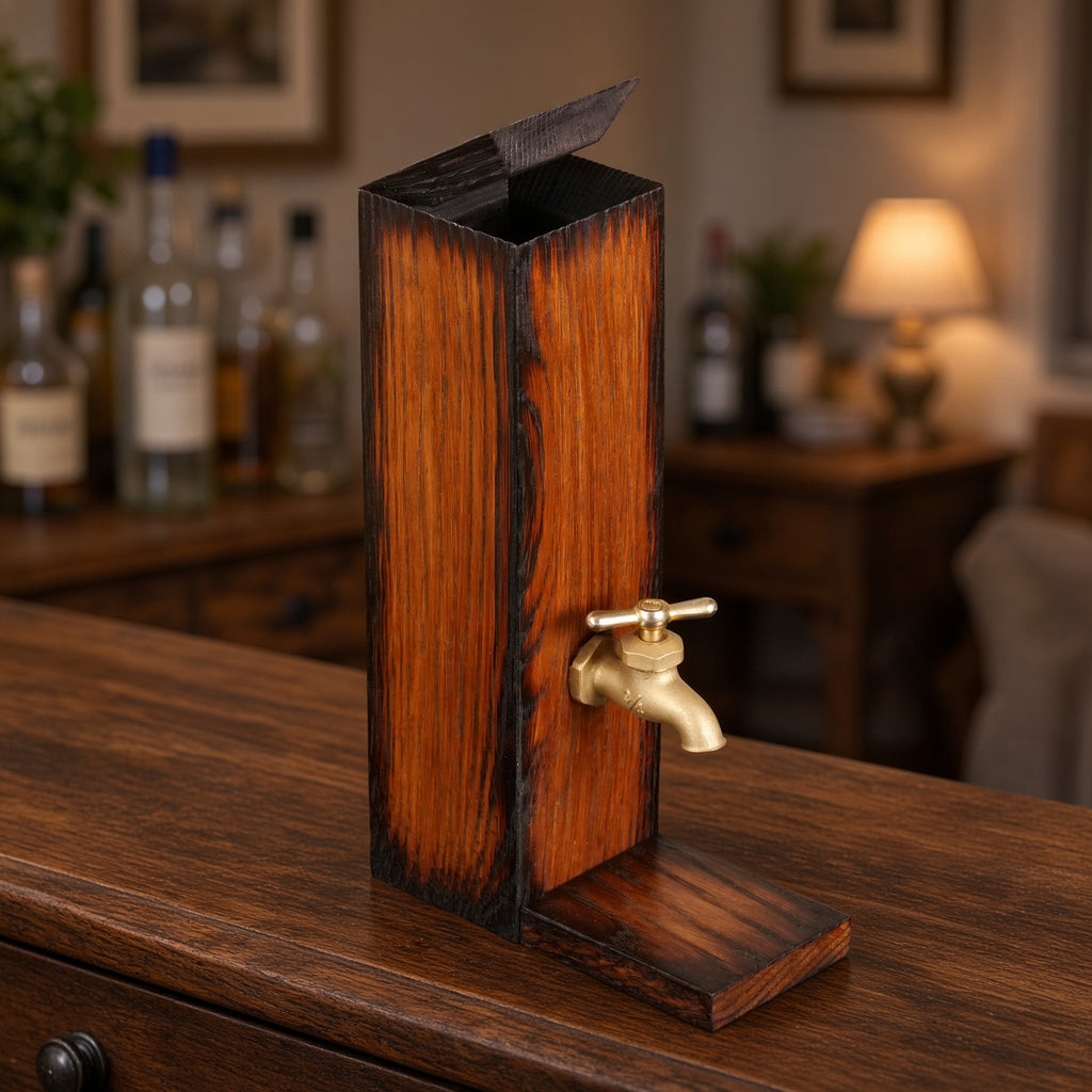 Ember Oak whiskey dispenser displayed on a wooden home bar with softly blurred bottles and warm lighting in the background.