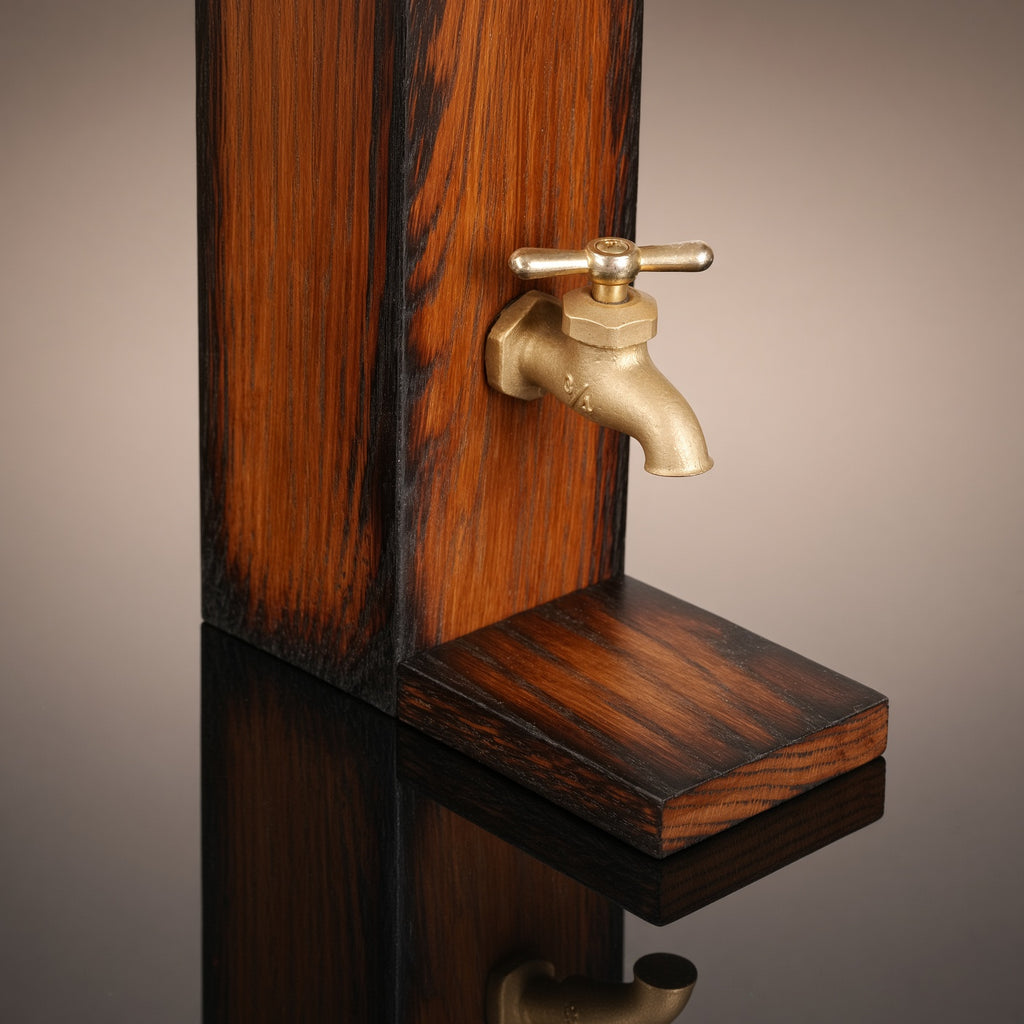 Close-up of the brass tap and wooden platform, showing warm brown oak grain and black fire-charred edges.