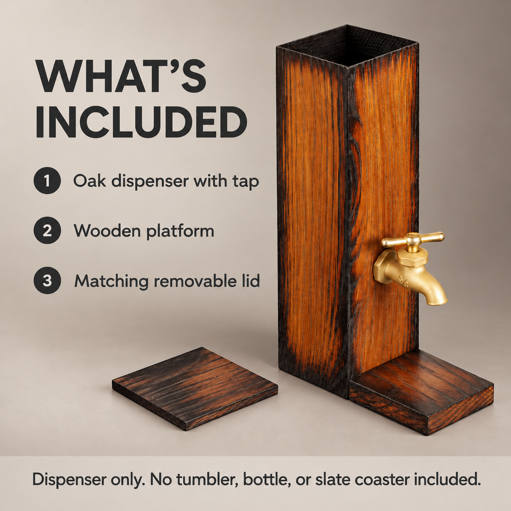 Included components: oak dispenser with brass tap, wooden platform, and matching removable lid. Tumbler, bottle, and slate coaster are not included.