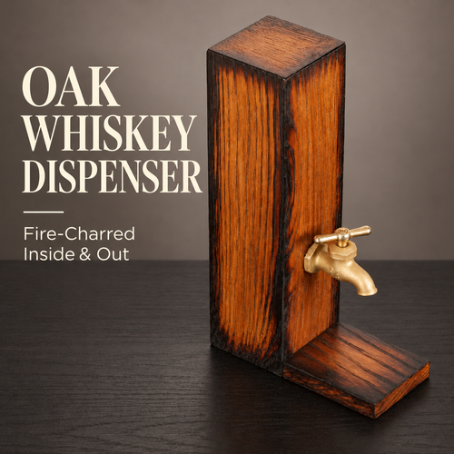 Charred oak whiskey dispenser with brass tap, wooden platform, and lid. Text reads “Oak Whiskey Dispenser — Fire-Charred Inside & Out.”