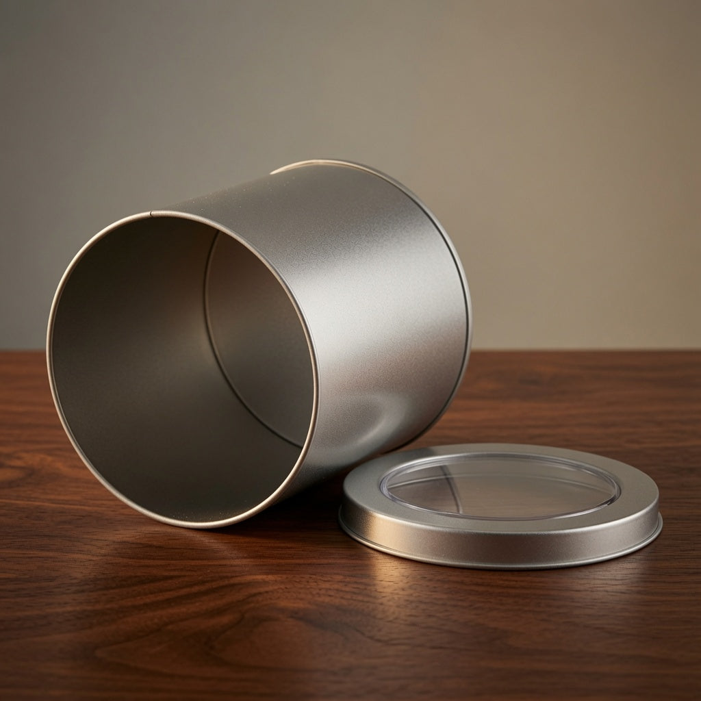 Empty round silver metal gift box shown open with a separate clear window lid