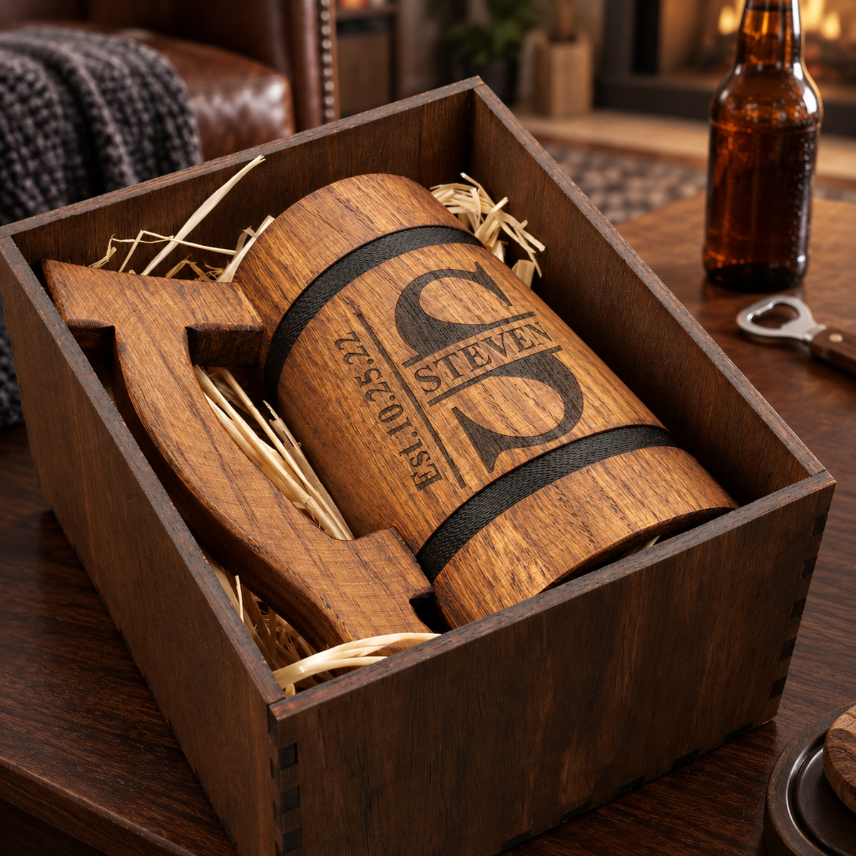 Engraved oak beer mug resting in an open wooden gift box with natural straw filler on a table beside a beer bottle.