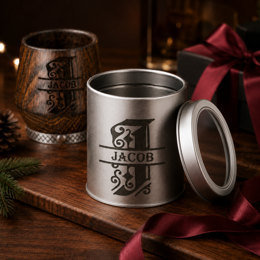 Personalized silver metal gift box displayed with an oak whiskey glass and clear lid
