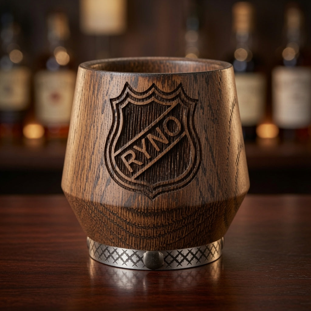 Personalized oak whiskey tumbler with shield engraving and silver decorative band