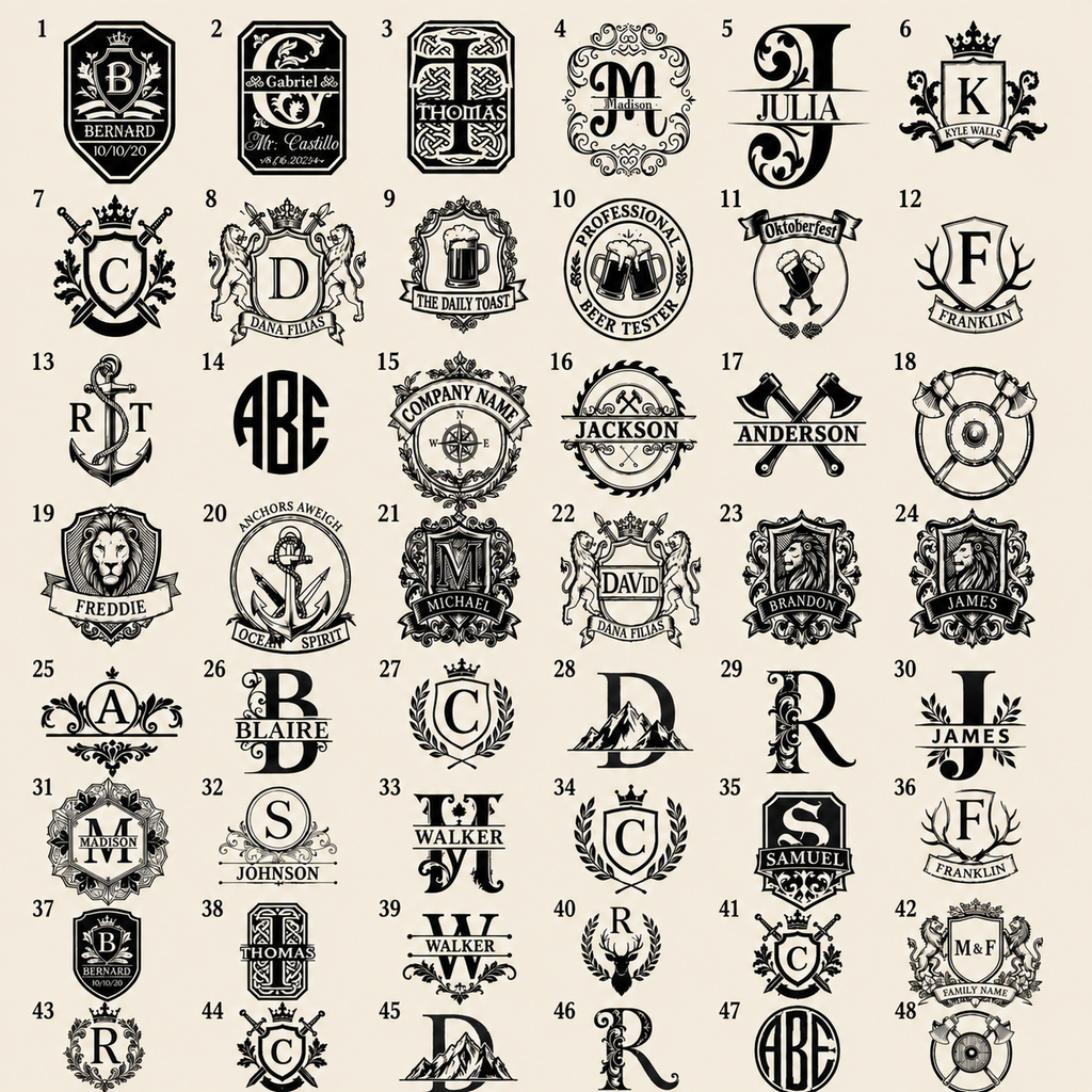 Design options for engraved aluminum plaque on a personalized white marble whiskey dispenser, showing numbered monogram, crest, bar logo, and custom name styles.