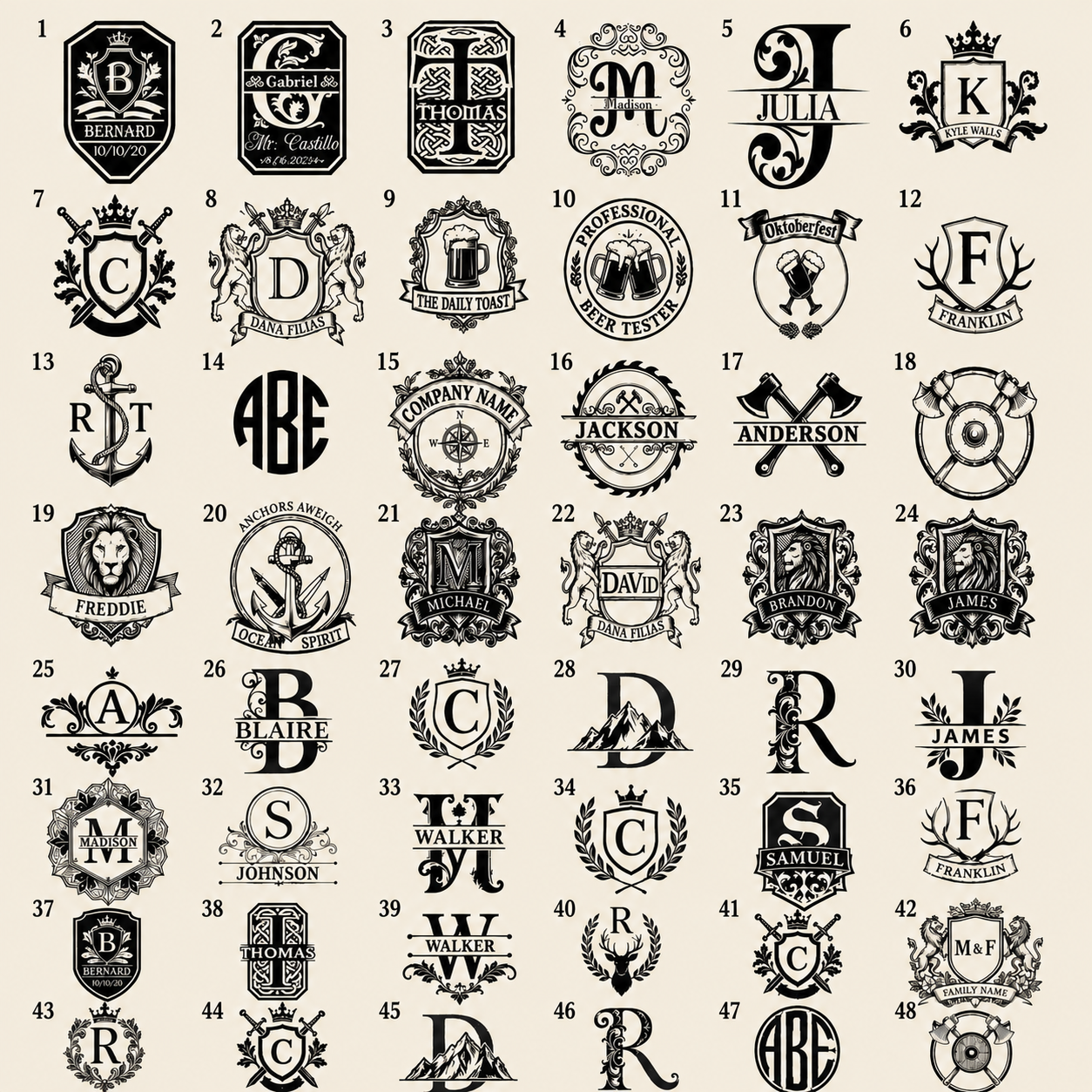 Design options for engraved aluminum plaque on a personalized white marble whiskey dispenser, showing numbered monogram, crest, bar logo, and custom name styles.