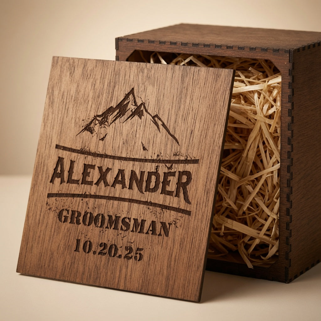 Engraved wooden gift box with a removable personalized lid and natural straw filler for an oak beer mug.