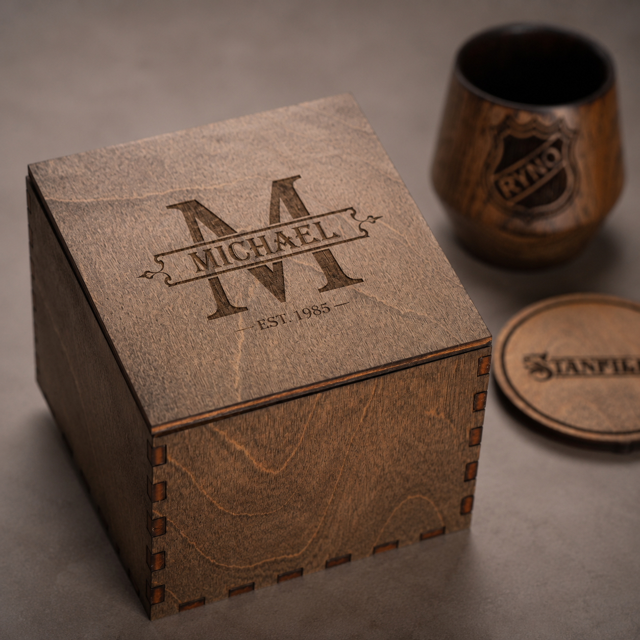 Engraved wooden whiskey gift box with custom monogram, oak tumbler and matching coaster