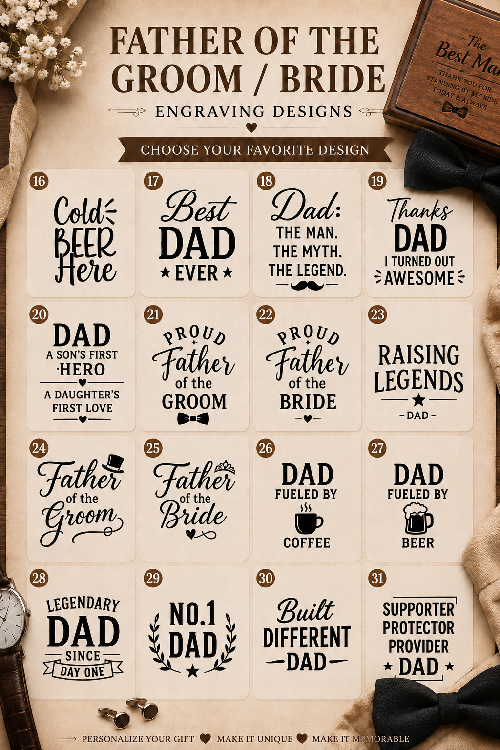 Father of the Groom and Father of the Bride engraving design options for personalized oak beer mug gifts.