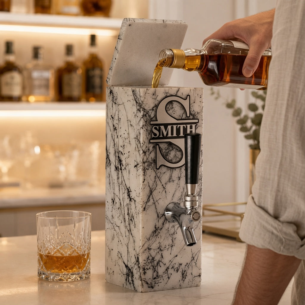Personalized white marble whiskey dispenser being filled from a bottle, showing how it can be used for whiskey, bourbon, rum, or brandy.