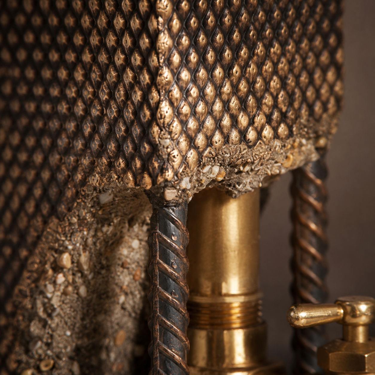 Close-up of brass tap, steel accents, and gold patina concrete texture on whiskey dispenser