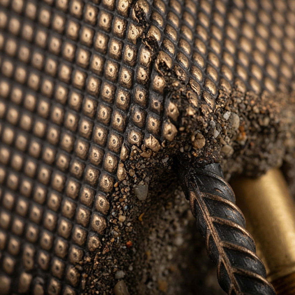 Close up of hand finished gold patina concrete texture and rebar style metal accents