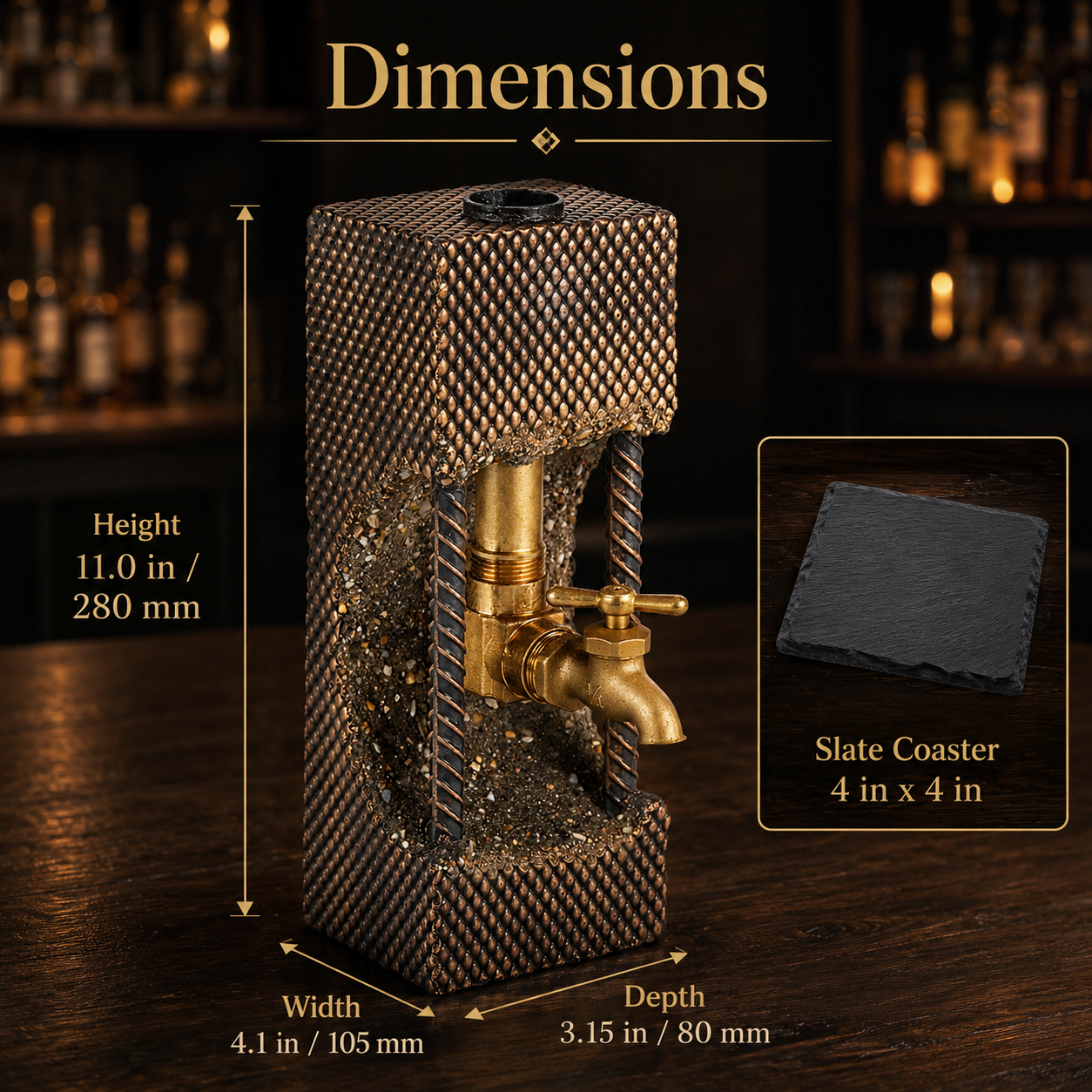 Gold patina concrete whiskey dispenser dimensions showing 11 inch height, 4.1 inch width, and 3.15 inch depth