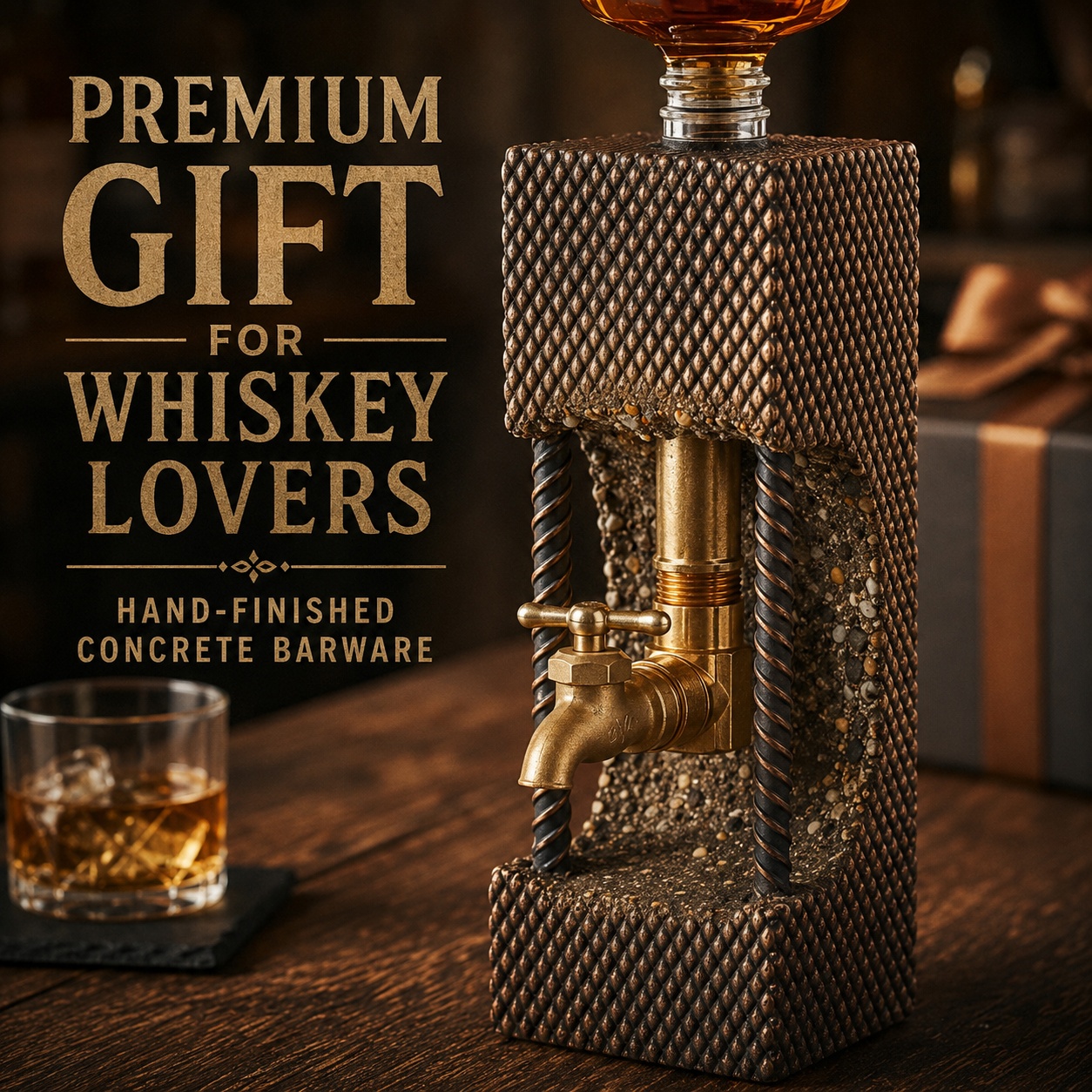 Gold patina concrete whiskey dispenser styled as a premium gift for whiskey lovers