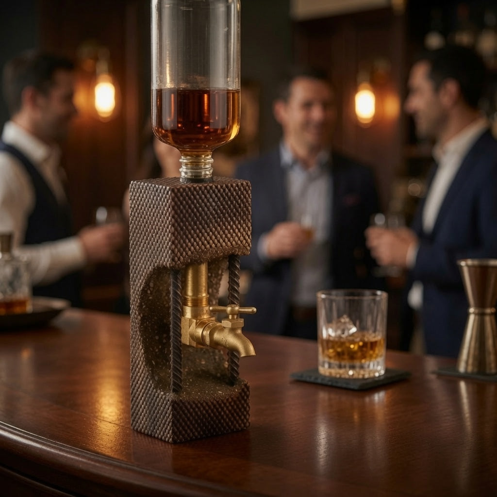 Gold patina concrete whiskey dispenser used in a warm home bar setting with people in the background